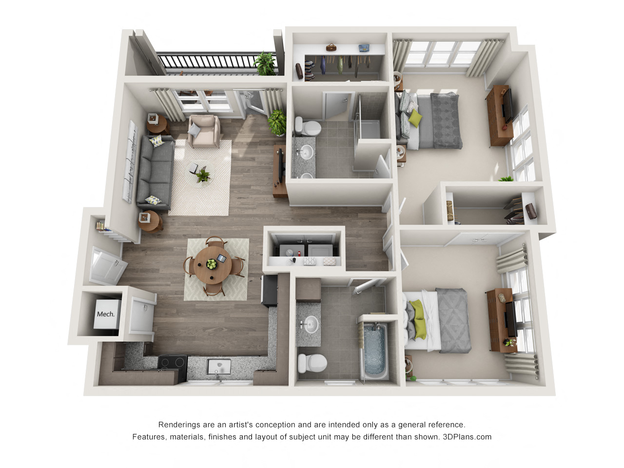 Floor plan for 2 beds, 2 baths, 1091 sqft